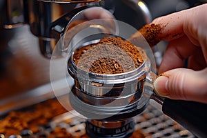 Person using kitchen appliance to grind coffee for drink