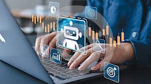 Person using laptop with ai chatbot interface and data analytics visualizations