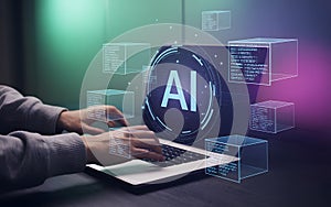 Person Using Laptop with AI Technology Virtual Interface