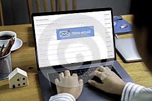 Person using a laptop computer for online training webinars. E-learning browsing connection and cloud online technology webcast