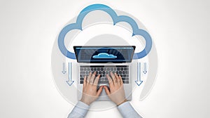 Person using laptop connected to a stylized cloud for data storage