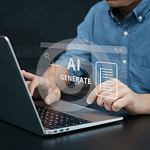 Person using laptop with holographic AI interface in modern technology workspace environment