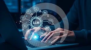 Person using laptop with LM and AI network visualization