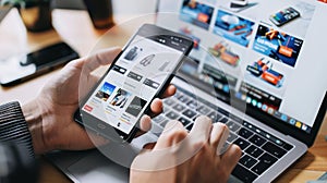 A person using a laptop or smartphone to browse a variety photo