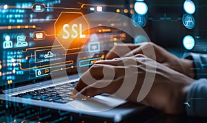 Person Using Laptop with Virtual Interface Displaying SSL Secure Sockets Layer and Security Icons for Encrypted Internet