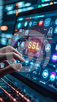 Person Using Laptop with Virtual Interface Displaying SSL Secure Sockets Layer and Security Icons for Encrypted Internet