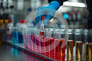 Person using pipette on colorful liquids in test tubes