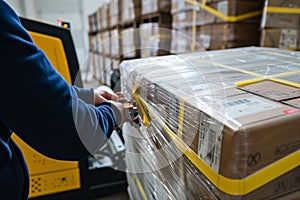 person using a shrinkwrap machine to secure pallets of gift boxes