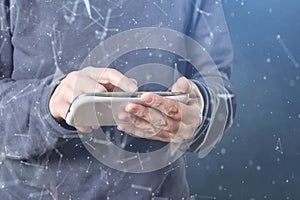 Person using a smart phone in deep web cyberspace.