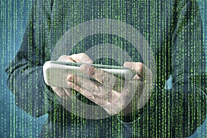 Person using a smart phone in deep web cyberspace.