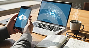 Person using smartphone and laptop for cloud data transfer work