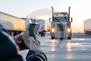 person using smartphone with semitruck in background