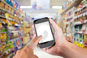 Person using smartphone white screen holder on hand with shelves