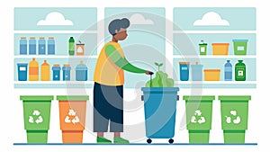 A person using the stores recycling and compost bins to properly dispose of their waste.. Vector illustration. photo