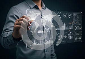 Person using stylus on digital interface displaying data analysis and world map