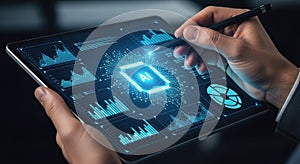 Person using a stylus on a tablet displaying AI data and analytics