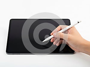 A person using a stylus to interact with a large touchscreen tablet