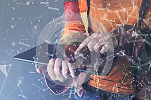 Person using a tablet in deep web cyberspace.