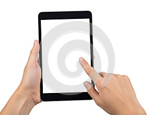Person using tablet device isolated on white background