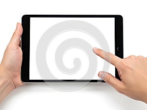 Person using tablet device isolated on white background