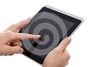 Person using tablet device isolated on white background