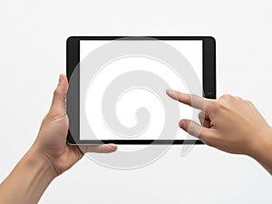 Person using tablet device isolated on white background
