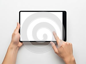 Person using tablet device isolated on white background