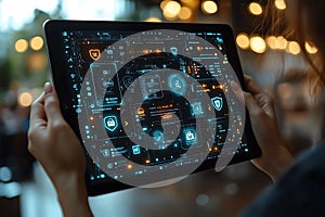 Person using tablet displaying cyber security interface with protective digital elements