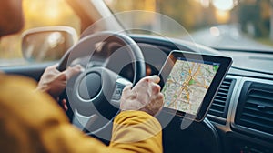 Person Using Tablet GPS While Driving a Car