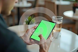 Person Using Tablet with Green Screen Display at Table