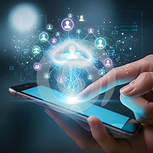 Person using a tablet with a holographic interface displaying cloud computing icons