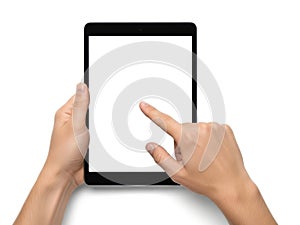Person using tablet isolated on white background