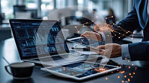 Person using a tablet to explore interactive data visualizations with colorful graphs and charts in a contemporary setting