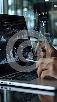 Person using a tablet to explore interactive data visualizations with colorful graphs and charts in a contemporary setting