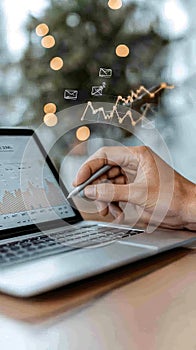 Person using a tablet to explore interactive data visualizations with colorful graphs and charts in a contemporary setting