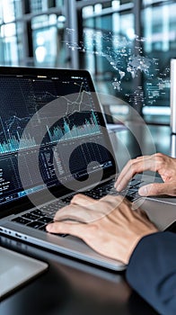 Person using a tablet to explore interactive data visualizations with colorful graphs and charts in a contemporary setting