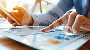 A person is using a tablet to point at a graph