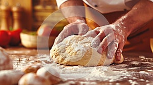 A person using their hands to knead dough on top of a floured wooden table