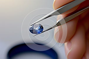 person using tweezers to hold a sapphire up to the light, revealing its clarity