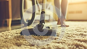 A person using a vacuum cleaner to tidy carpet at home close up