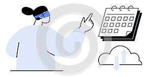 Person Using Virtual Reality to Interact with a Digital Calendar and Cloud Computing Technology
