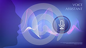 Person using voice control. Virtual assistant concept. Artificial intelligence support wave. Microphone and sound recognition.
