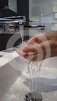 A person is using water and soap to wash their hands in a plumbing fixture, health care and personal hygiene