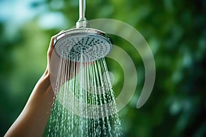 Person Using Waterefficient Showerhead To Conserve Water. Access To Clean Water For The Poor.. Generative AI photo