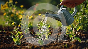 A person using a watering can to gently shower a patch of newly planted wildflower seeds emphasizing the importance of