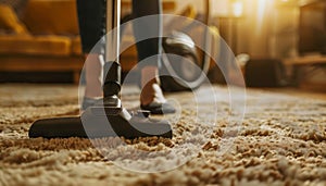 A person is vacuuming a carpet in a living room by AI generated image