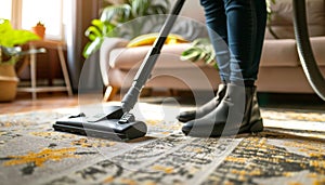 A person is vacuuming a carpet in a living room by AI generated image
