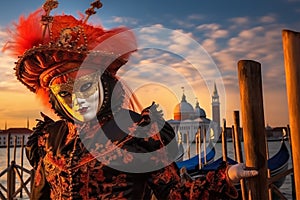 Person in Venetian Carnival Mask at Sunset