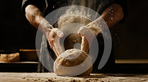 A person is vigorously kneading a ball of dough on a wooden table dusted with flour