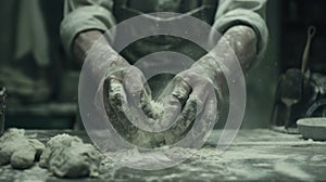 A person is vigorously kneading dough on top of a table with flour spread around